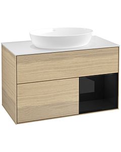 Villeroy und Boch Finion Waschtischunterschrank FA21PHPC 100cm, Abdeckplatte white matt, Regale Glossy black lacquer, Oak Veneer