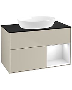 Villeroy und Boch Finion Villeroy und Boch FA22GFHH 100cm, plaque de recouvrement noir mat, étagères Laque blanche brillante, Sand Matt Lacquer