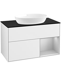 Villeroy und Boch Finion Waschtischunterschrank FA22GJGF 100cm, Abdeckplatte black matt, Regale Light grey matt lacquer, Glossy white lacquer