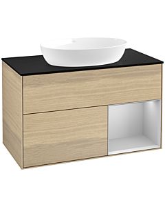 Villeroy und Boch Finion Waschtischunterschrank FA22GJPC 100cm, Abdeckplatte black matt, Regale Light grey matt lacquer, Oak Veneer
