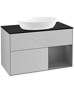 Villeroy und Boch Finion Waschtischunterschrank FA22GKGJ 100cm, Abdeckplatte black matt, Regale Anthracite matt lacquer, Light grey matt