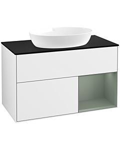 Villeroy und Boch Finion Waschtischunterschrank FA22GMGF 100cm, Abdeckplatte black matt, Regale Olive matt lacquer, Glossy white lacquer