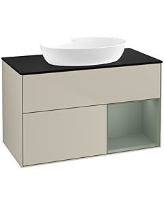 Villeroy und Boch Finion Waschtischunterschrank FA22GMHH 100cm, Abdeckplatte black matt, Regale Olive matt lacquer, Sand Matt Lacquer
