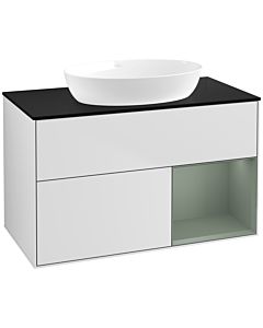 Villeroy und Boch Finion Waschtischunterschrank FA22GMMT 100cm, Abdeckplatte black matt, Regale Olive matt lacquer, White matt lacquer