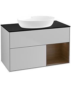 Villeroy und Boch Finion Waschtischunterschrank FA22GNGJ 100cm, Abdeckplatte black matt, Regale Walnut Veneer, Light grey matt