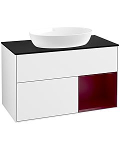Villeroy und Boch Finion Waschtischunterschrank FA22HBGF 100cm, Abdeckplatte black matt, Regale Peony matt lacquer, Glossy white lacquer