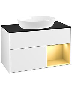 Villeroy und Boch Finion Waschtischunterschrank FA22HFGF 100cm, Abdeckplatte black matt, Regale Gold matt lacquer, Glossy white lacquer