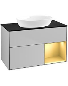 Villeroy und Boch Finion Waschtischunterschrank FA22HFGJ 100cm, Abdeckplatte black matt, Regale Gold matt lacquer, Light grey matt