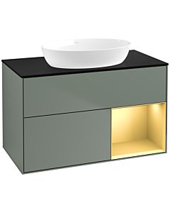 Villeroy und Boch Finion Waschtischunterschrank FA22HFGM 100cm, Abdeckplatte black matt, Regale Gold matt lacquer, Olive Matt Lacquer
