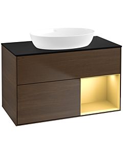 Villeroy und Boch Finion Waschtischunterschrank FA22HFGN 100cm, Abdeckplatte black matt, Regale Gold matt lacquer, Walnut veneer