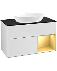 Villeroy und Boch Finion Villeroy und Boch FA22HFMT 100cm, plaque de recouvrement noir mat, étagères laqué or mat, laqué blanc mat