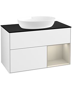 Villeroy und Boch Finion Waschtischunterschrank FA22HHGF 100cm, Abdeckplatte black matt, Regale sand matt lacquer, Glossy white lacquer