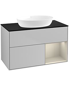 Villeroy und Boch Finion Waschtischunterschrank FA22HHGJ 100cm, Abdeckplatte black matt, Regale sand matt lacquer, Light grey matt
