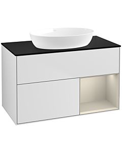 Villeroy und Boch Finion Waschtischunterschrank FA22HHMT 100cm, Abdeckplatte black matt, Regale sand matt lacquer, White matt lacquer