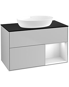 Villeroy und Boch Finion Villeroy und Boch FA22MTGJ 100cm, plaque de recouvrement noir mat, étagères laqué blanc mat, gris clair mat