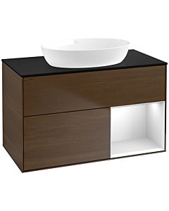 Villeroy und Boch Finion Waschtischunterschrank FA22MTGN 100cm, Abdeckplatte black matt, Regale White matt lacquer, Walnut veneer