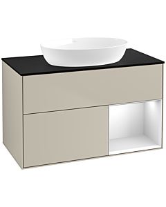 Villeroy und Boch Finion FA22MTHH 100cm, plaque de recouvrement noir mat, étagères laqué blanc mat, Sand Matt Lacquer