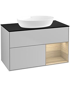 Villeroy und Boch Finion Waschtischunterschrank FA22PCGJ 100cm, Abdeckplatte black matt, Regale Oak Veneer, Light grey matt