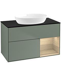 Villeroy und Boch Finion Waschtischunterschrank FA22PCGM 100cm, Abdeckplatte black matt, Regale Oak Veneer, Olive Matt Lacquer