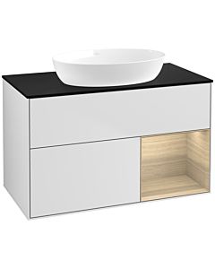 Villeroy und Boch Finion Waschtischunterschrank FA22PCMT 100cm, Abdeckplatte black matt, Regale Oak Veneer, White matt lacquer