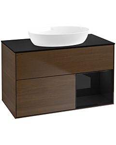 Villeroy und Boch Finion Waschtischunterschrank FA22PHGN 100cm, Abdeckplatte black matt, Regale Glossy black lacquer, Walnut veneer