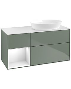 Villeroy und Boch Finion Waschtischunterschrank FA41GFGM 120cm, Abdeckplatte white matt, Regale Glossy white lacquer, Olive Matt Lacquer