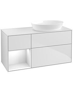 Villeroy und Boch Finion Villeroy und Boch FA41GFMT 120cm, plaque de recouvrement blanc mat, étagères laqué blanc brillant, laqué blanc mat