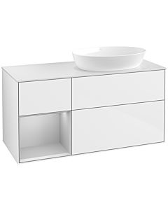 Villeroy und Boch Finion Villeroy und Boch FA41GJGF 120cm, plaque de recouvrement blanc mat, étagères laqué gris clair mat, laqué blanc brillant