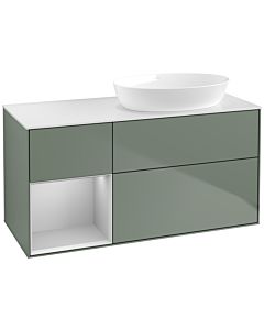 Villeroy und Boch Finion Waschtischunterschrank FA41GJGM 120cm, Abdeckplatte white matt, Regale Light grey matt lacquer, Olive Matt Lacquer