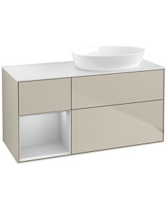 Villeroy und Boch Finion Villeroy und Boch FA41GJHH 120cm, plaque de recouvrement blanc mat, étagères laqué gris clair mat, Sand Matt Lacquer