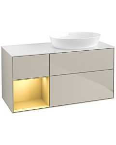 Villeroy und Boch Finion Villeroy und Boch FA41HFHH 120cm, plaque de recouvrement blanc mat, étagères laqué or mat, Sand Matt Lacquer