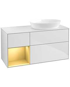 Villeroy und Boch Finion Villeroy und Boch FA41HFMT 120cm, plaque de recouvrement blanc mat, étagères laqué or mat, laqué blanc mat
