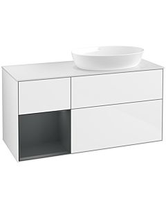 Villeroy und Boch Finion Waschtischunterschrank FA41HGGF 120cm, Abdeckplatte white matt, Regale Midnight matt lacquer, Glossy white lacquer