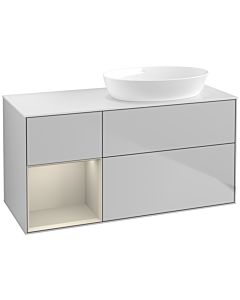 Villeroy und Boch Finion Waschtischunterschrank FA41HHGJ 120cm, Abdeckplatte white matt, Regale sand matt lacquer, Light grey matt