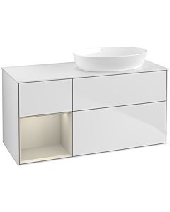 Villeroy und Boch Finion Waschtischunterschrank FA41HHMT 120cm, Abdeckplatte white matt, Regale sand matt lacquer, White matt lacquer