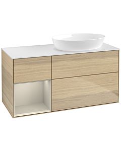 Villeroy und Boch Finion Waschtischunterschrank FA41HHPC 120cm, Abdeckplatte white matt, Regale sand matt lacquer, Oak Veneer
