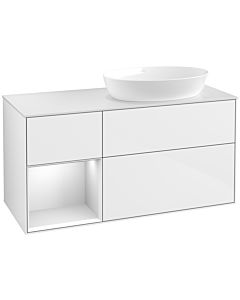 Villeroy und Boch Finion Villeroy und Boch FA41MTGF 120cm, plaque de recouvrement blanc mat, étagères laqué blanc mat, laqué blanc brillant