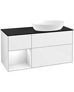 Villeroy und Boch Finion Villeroy und Boch FA42GFGF 120cm, plaque de recouvrement noir mat, étagères Laque blanche brillante, Laque blanche brillante