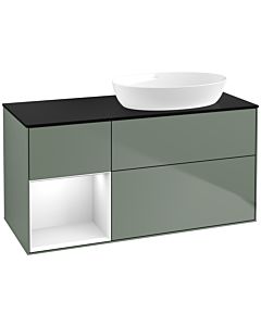 Villeroy und Boch Finion Villeroy und Boch FA42GFGM 120cm, plaque de recouvrement noir mat, étagères Laque blanche brillante, Olive Matt Lacquer