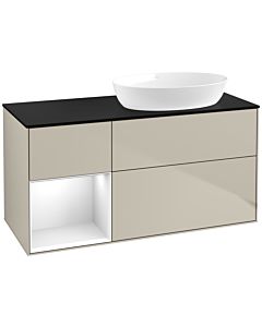 Villeroy und Boch Finion Waschtischunterschrank FA42GFHH 120cm, Abdeckplatte black matt, Regale Glossy white lacquer, Sand Matt Lacquer