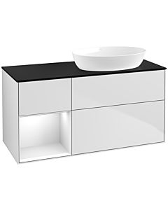 Villeroy und Boch Finion Villeroy und Boch FA42GFMT 120cm, plaque de recouvrement noir mat, étagères laqué blanc brillant, laqué blanc mat