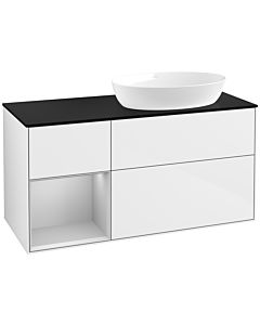 Villeroy und Boch Finion Villeroy und Boch FA42GJGF 120cm, plaque de recouvrement noir mat, étagères laqué gris clair mat, laqué blanc brillant