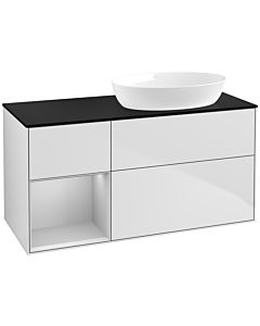 Villeroy und Boch Finion Waschtischunterschrank FA42GJMT 120cm, Abdeckplatte black matt, Regale Light grey matt lacquer, White matt lacquer