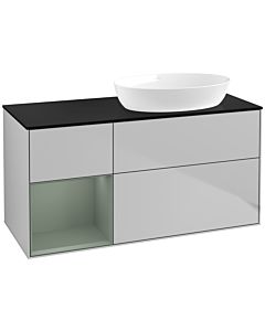 Villeroy und Boch Finion Villeroy und Boch FA42GMGJ 120cm, plaque de recouvrement noir mat, étagères laqué olive mat, gris clair mat