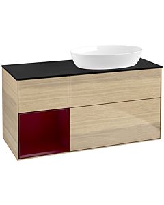 Villeroy und Boch Finion Waschtischunterschrank FA42HBPC 120cm, Abdeckplatte black matt, Regale Peony matt lacquer, Oak Veneer