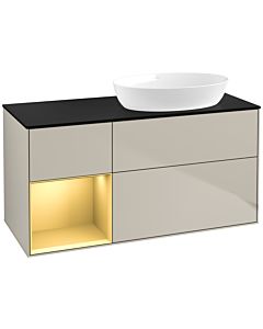 Villeroy und Boch Finion Villeroy und Boch FA42HFHH 120cm, plaque de recouvrement noir mat, étagères laqué mat or, Sand Matt Lacquer