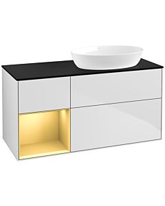 Villeroy und Boch Finion Waschtischunterschrank FA42HFMT 120cm, Abdeckplatte black matt, Regale Gold matt lacquer, White matt lacquer