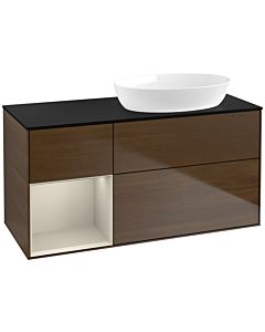 Villeroy und Boch Finion Waschtischunterschrank FA42HHGN 120cm, Abdeckplatte black matt, Regale sand matt lacquer, Walnut veneer