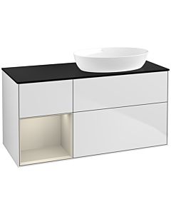 Villeroy und Boch Finion Waschtischunterschrank FA42HHMT 120cm, Abdeckplatte black matt, Regale sand matt lacquer, White matt lacquer