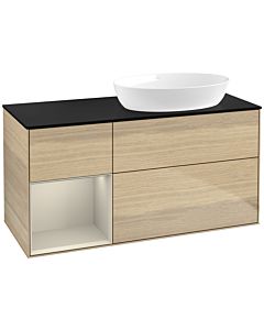 Villeroy und Boch Finion Waschtischunterschrank FA42HHPC 120cm, Abdeckplatte black matt, Regale sand matt lacquer, Oak Veneer